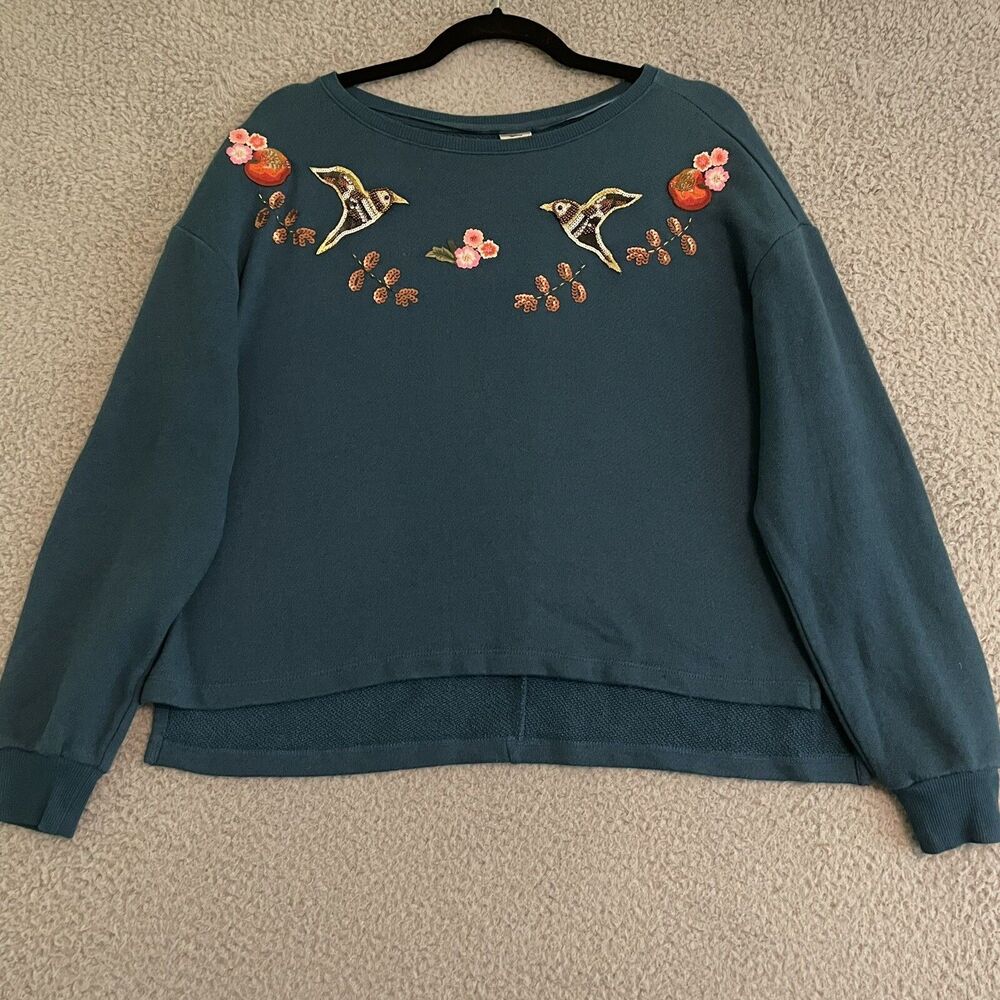 Lauren Conrad Disney Cropped Sweatshirt Sz Medium Teal Birds Embroidered Sequins